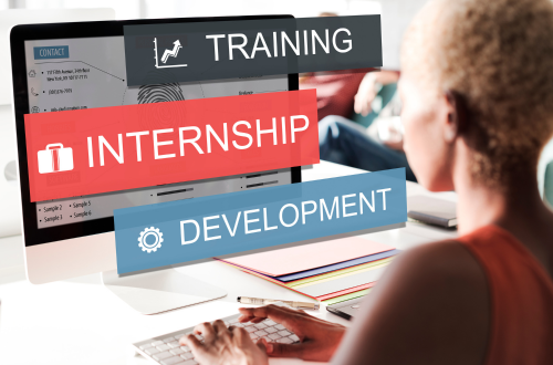 Person using a computer with words Training, Internship and Development over screen